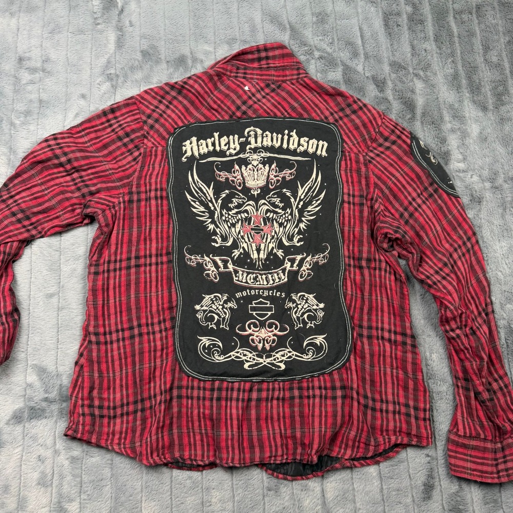Harley-Davidson Red Black Plaid Graphic Back Button Down Shirt 2XL 11560